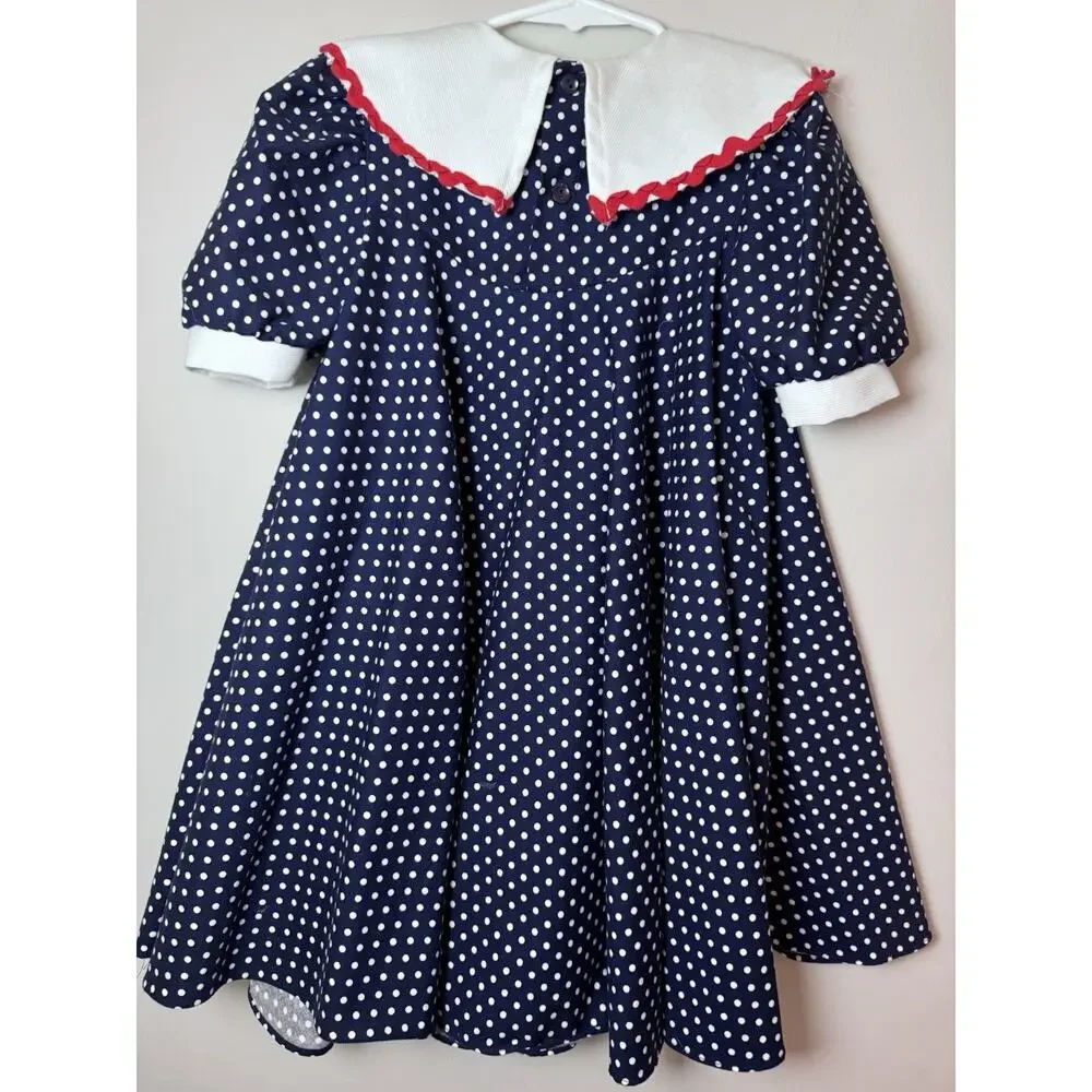 Peaches And Cream Vintage Back To School Dress Navy Polka Dot Sz 6 USA Made